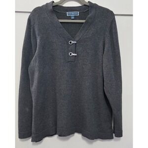 Karen Scott Womens 1X Gray V-Neck Cotton Sweater Toggle Closures Long Sleeve